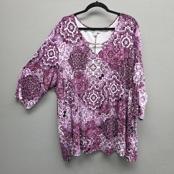 Catherines Tops - Catherines Shirt Womens 3X Purple Medallion Print Rayon Knit Keyhole Top Boho